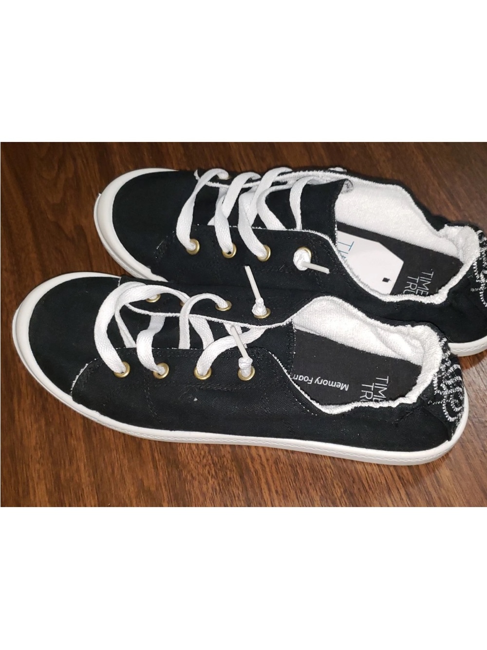 Time and Tru Black Canvas Slip-On Sneakers with White Trim